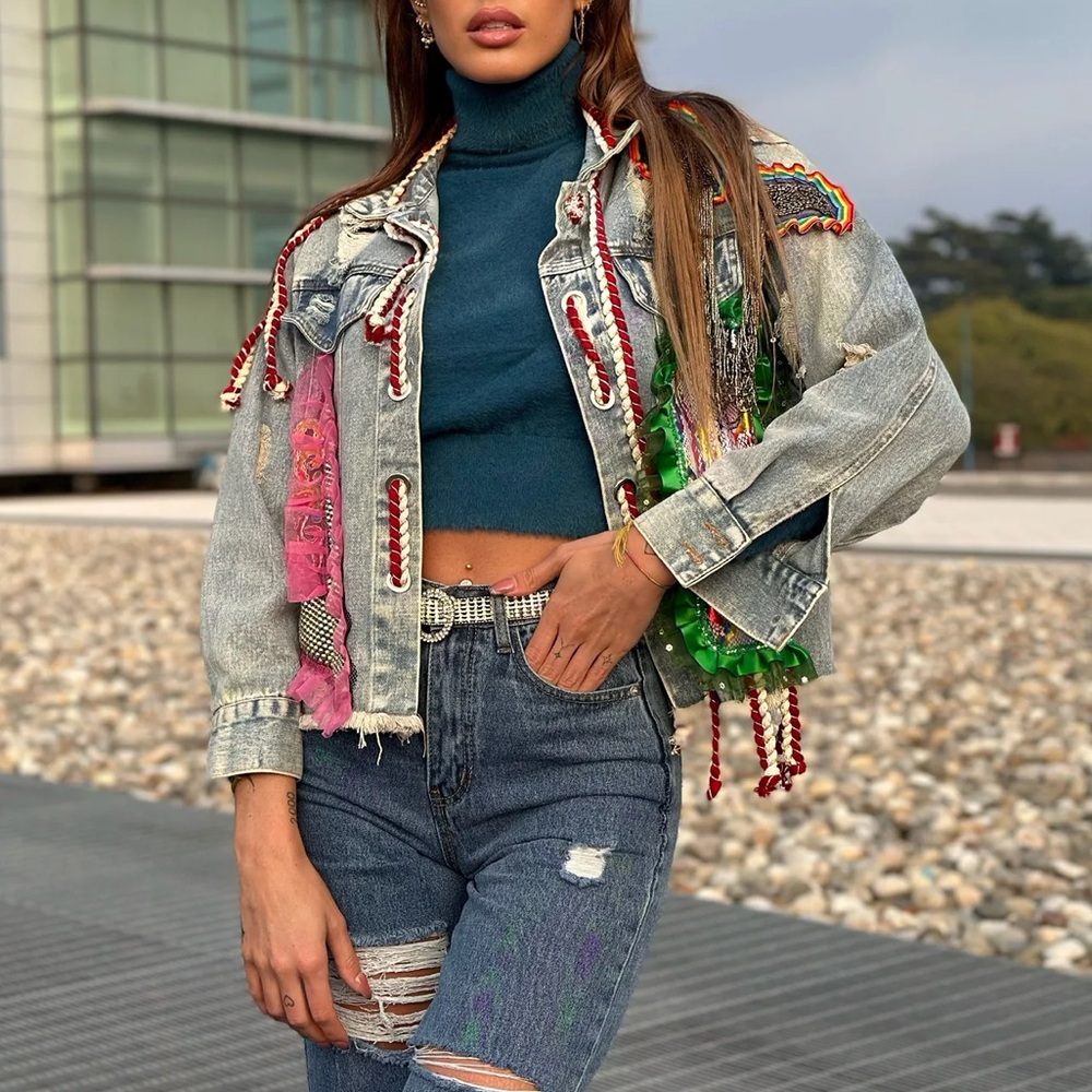 Colorful Embellished Denim Jacket - Picture 2 of 13